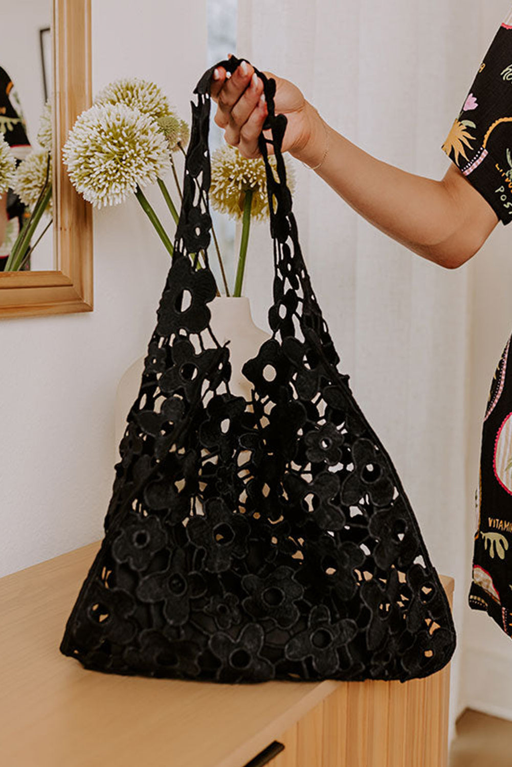 Black Flower Crochet Hollow Out Large Tote Bag