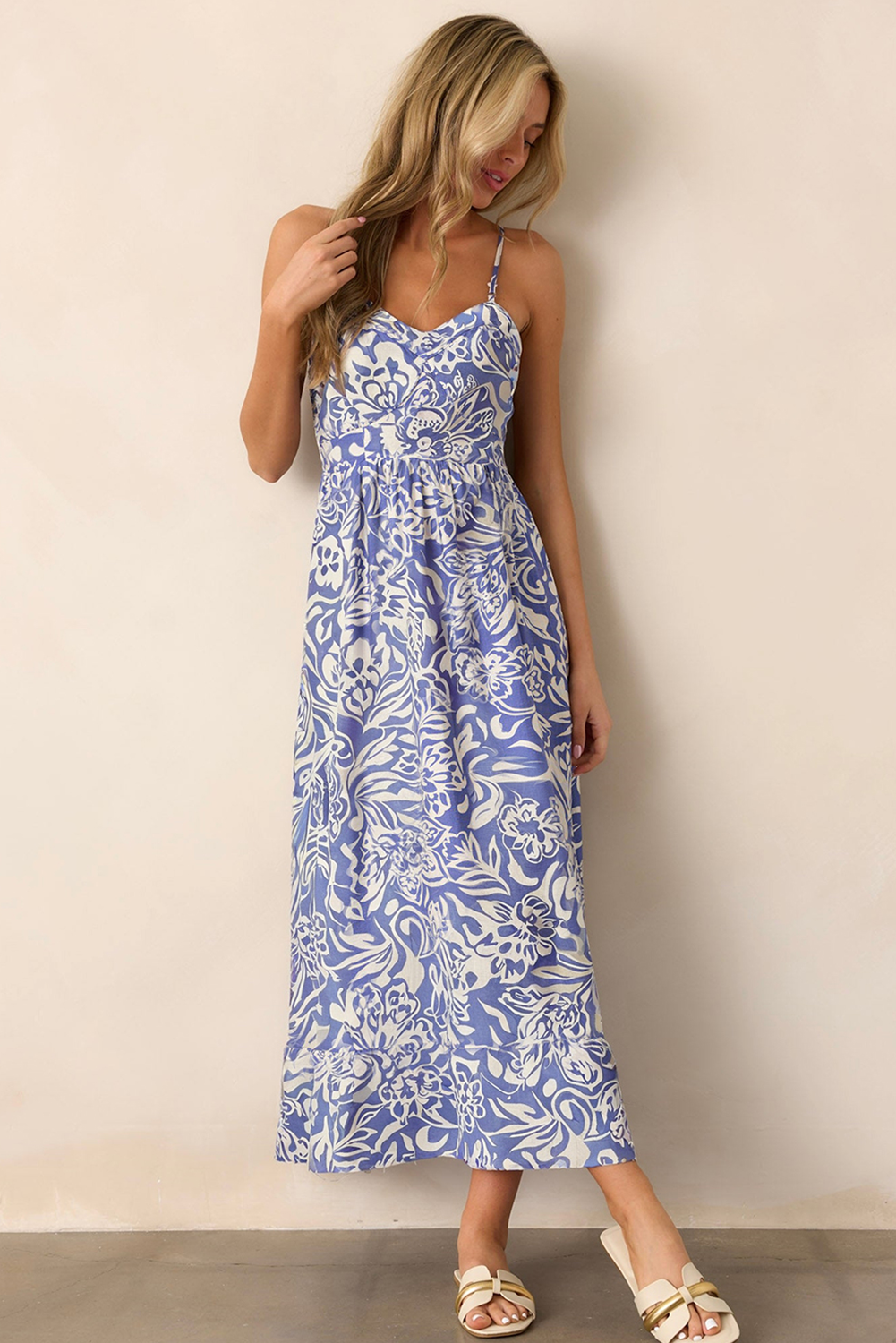 Sky Blue Floral Print Spaghetti Strap High Waist Maxi Dress