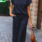 Navy Blue Solid Color Textured Short Sleeve Top and Casual Pants Set