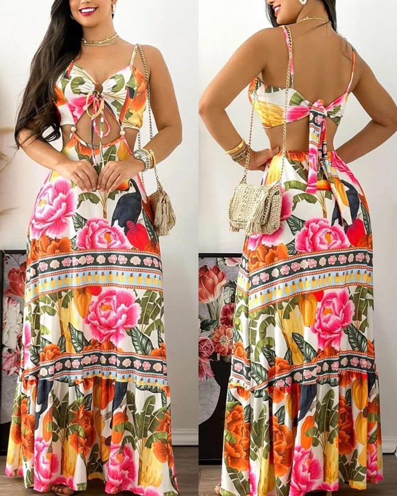 Floral Animal Tropical Print Tied Detail Maxi Dress