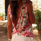 Pink Floral Round Neck Twisted Cut Out Back Tank Top