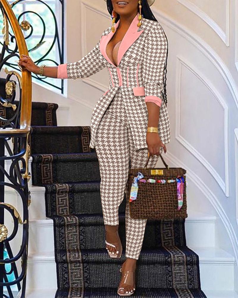 Houndstooth Print Zip Corset Patch Blazer & Pants Set