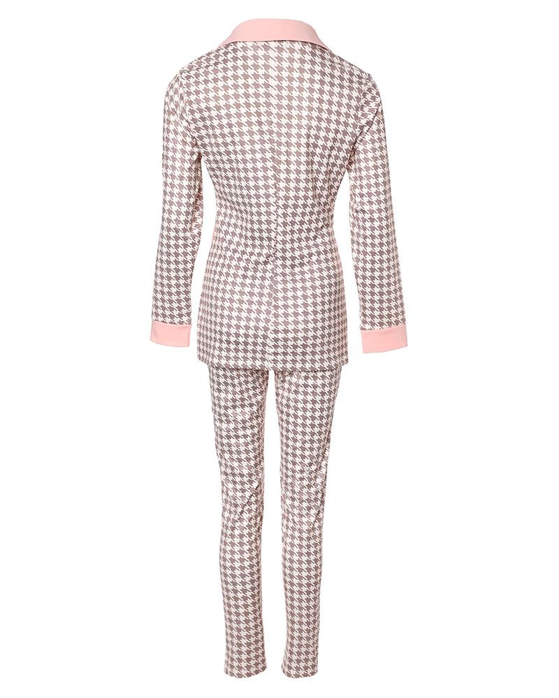 Houndstooth Print Zip Corset Patch Blazer & Pants Set