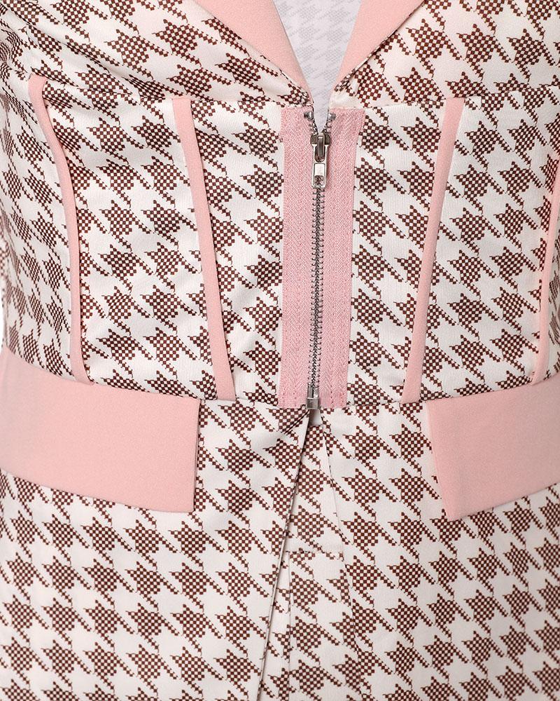 Houndstooth Print Zip Corset Patch Blazer & Pants Set