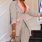 Houndstooth Print Zip Corset Patch Blazer & Pants Set