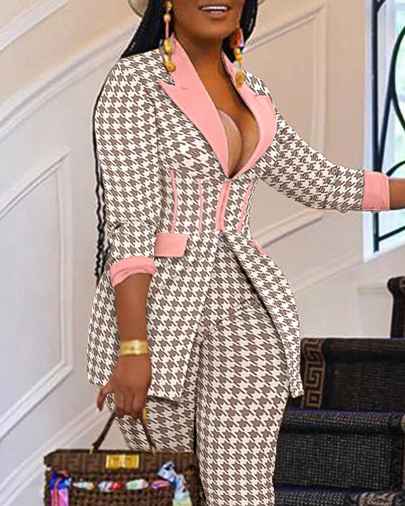 Houndstooth Print Zip Corset Patch Blazer & Pants Set