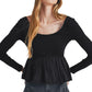 Black Ribbed Knit Long Sleeve Scoop Neck Peplum Patchwork Top