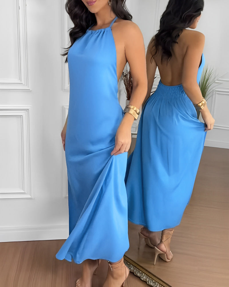 Halter Sleeveless Backless Maxi Dress Casual Shirred Slit Vacation Dress