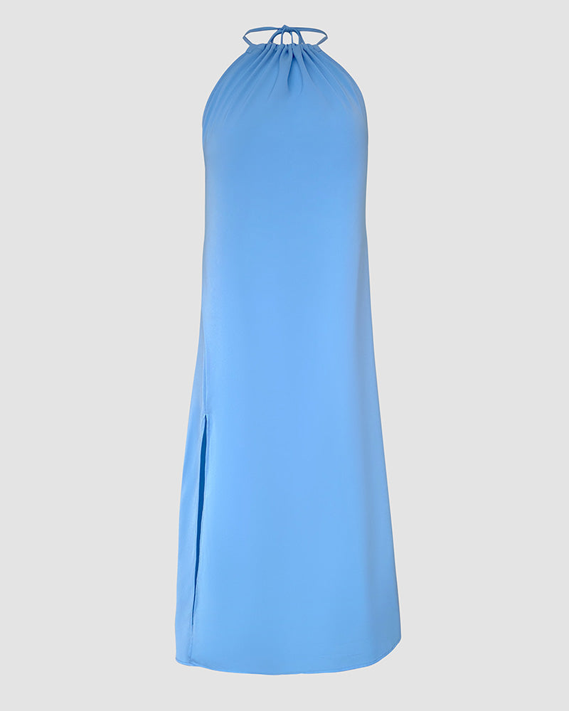 Halter Sleeveless Backless Maxi Dress Casual Shirred Slit Vacation Dress