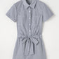 Blue Stripe Chest Pockets Buttoned Belted High Waist Romper