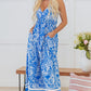 Blue Paisley V Neck Crisscross Backless Maxi Dress