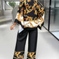 2 Pieces Outfit Baroque Print Batwing Sleeve Loose Top and Casual Elastic Waist Straight Leg Pants Set