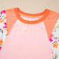Orange Plus Size Floral Print Patchwork Raglan Half Sleeve Top