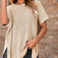 Round Neck Short Sleeve Slit Sweater Casual Loose Fit Top