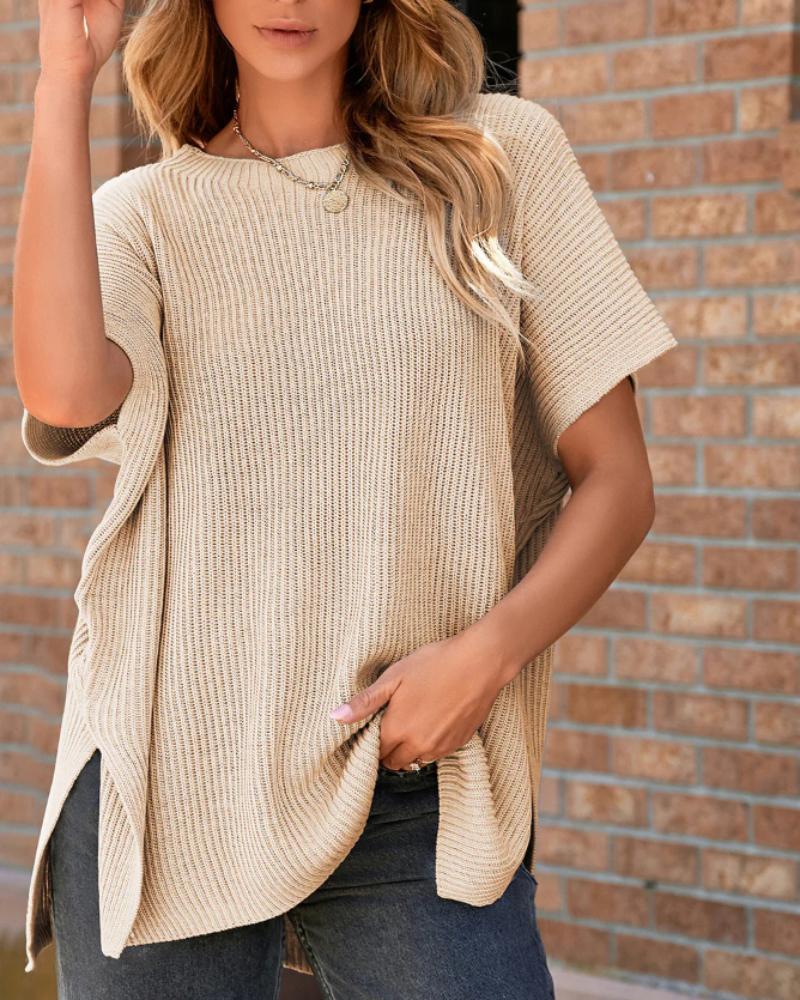 Round Neck Short Sleeve Slit Sweater Casual Loose Fit Top
