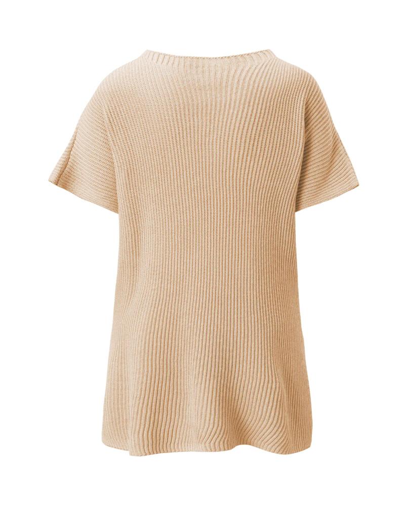Round Neck Short Sleeve Slit Sweater Casual Loose Fit Top