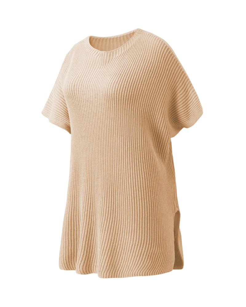 Round Neck Short Sleeve Slit Sweater Casual Loose Fit Top