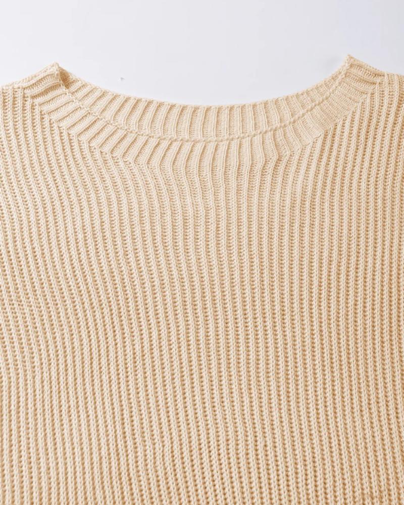 Round Neck Short Sleeve Slit Sweater Casual Loose Fit Top