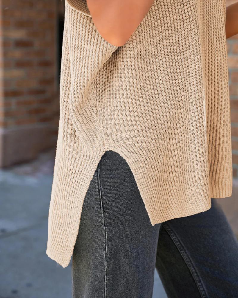 Round Neck Short Sleeve Slit Sweater Casual Loose Fit Top