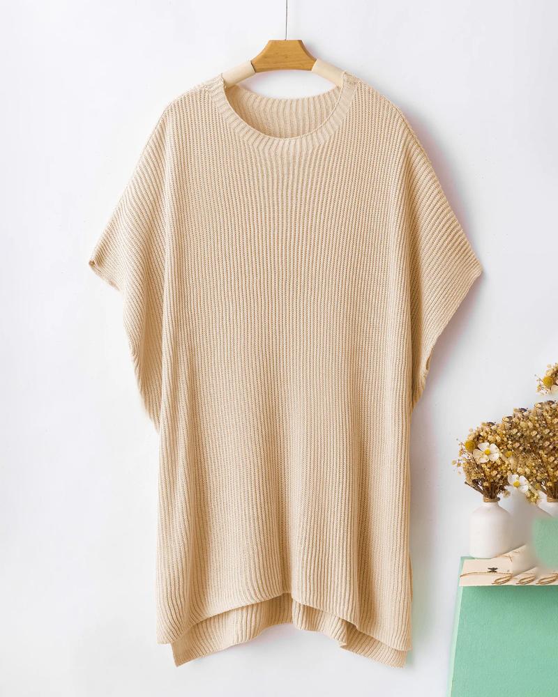 Round Neck Short Sleeve Slit Sweater Casual Loose Fit Top