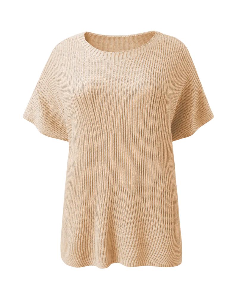 Round Neck Short Sleeve Slit Sweater Casual Loose Fit Top