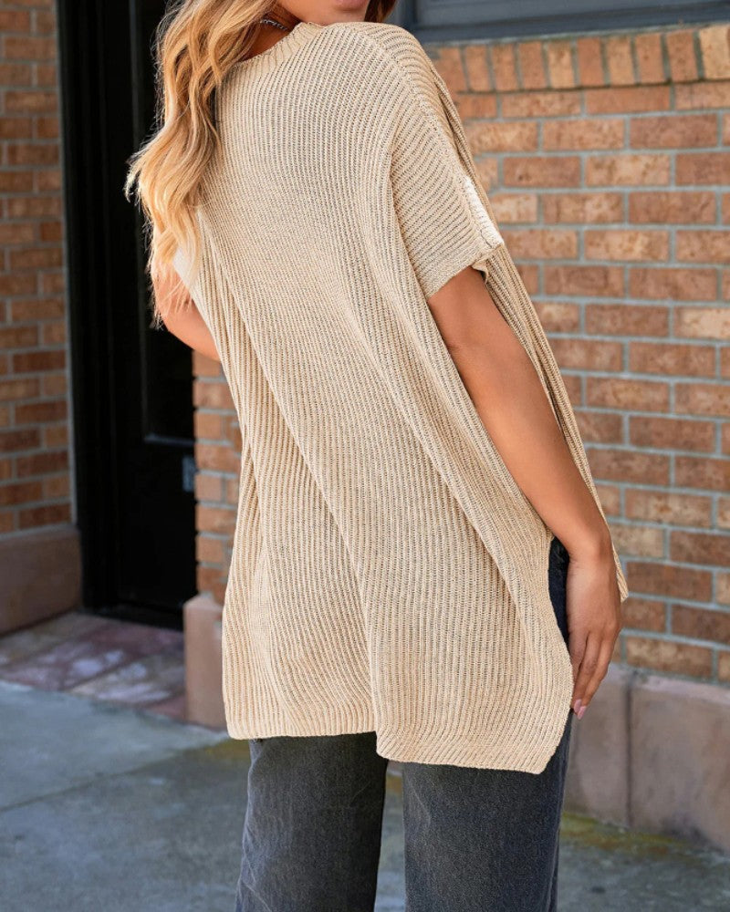 Round Neck Short Sleeve Slit Sweater Casual Loose Fit Top