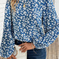 Blue Ditsy Floral Print Lantern Sleeve Blouse