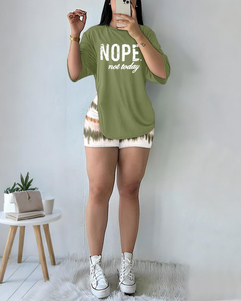 2 Pieces Outfit Letter Print Round Neck Short Sleeve Top and Casual Tie Dye Print Shorts Set