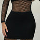 O neck Long Sleeve Fishnet Design Bodycon Dress