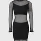 O neck Long Sleeve Fishnet Design Bodycon Dress