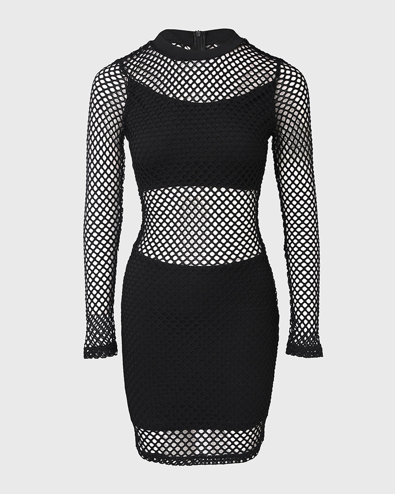 O neck Long Sleeve Fishnet Design Bodycon Dress