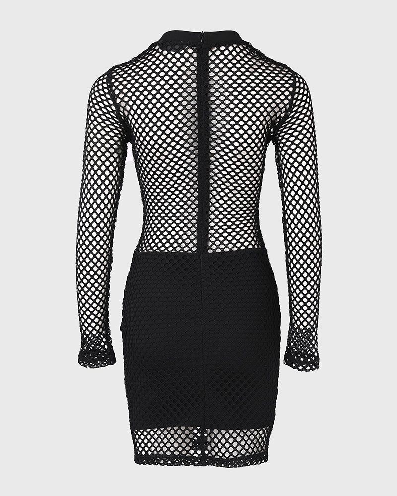 O neck Long Sleeve Fishnet Design Bodycon Dress