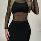 O neck Long Sleeve Fishnet Design Bodycon Dress