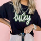 Black St Patricks Day lucky Cracked Letter Graphic T Shirt