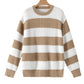 Light French Beige Colorblock Striped Drop Shoulder Side Slit Sweater