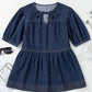 Sail Blue Puff Sleeve Lace-up Neckline Splicing Denim Blouse
