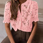 Lace Round Neck Puff Sleeve Button Front Blouse Casual See Through Top