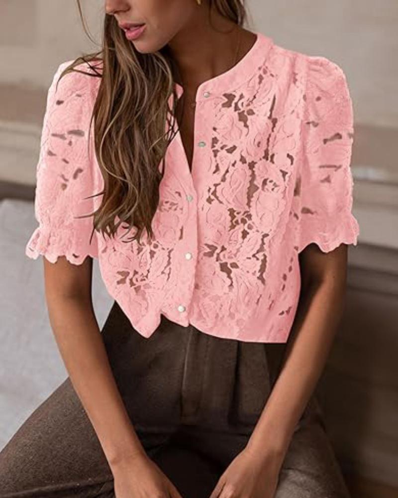 Lace Round Neck Puff Sleeve Button Front Blouse Casual See Through Top