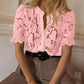 Lace Round Neck Puff Sleeve Button Front Blouse Casual See Through Top