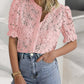 Lace Round Neck Puff Sleeve Button Front Blouse Casual See Through Top