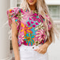 Multicolor Vibrant Floral Print Trimmed Ruffle Sleeve Blouse