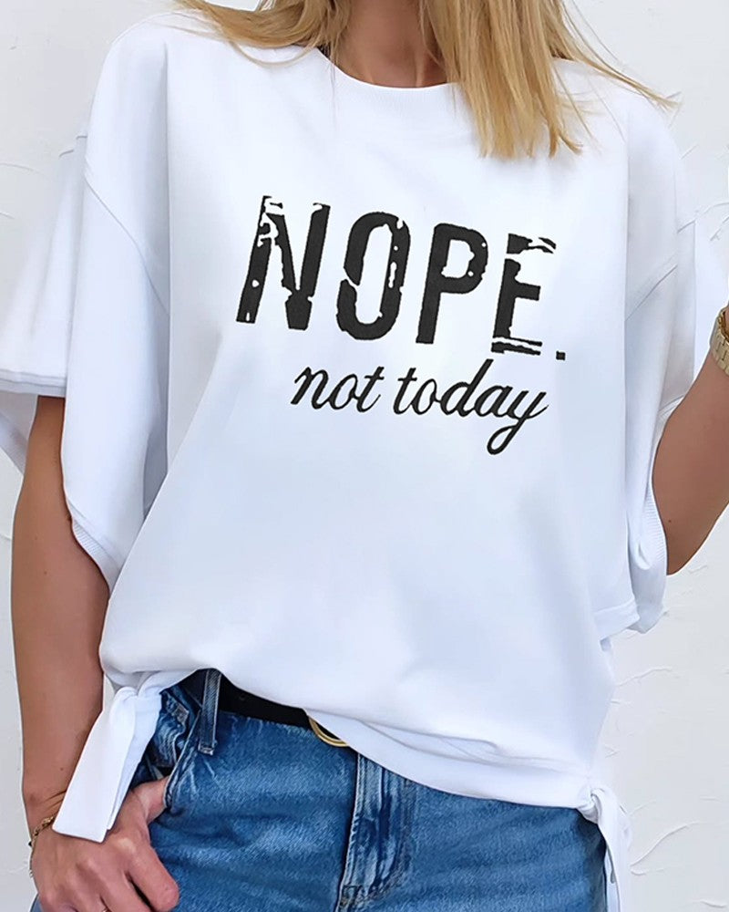 Letter Print Round Neck Short Sleeve T Shirt Casual Tied Detail Loose Fit Top