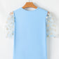 Beau Blue Floral Mesh Puff Sleeve Crew Neck Top