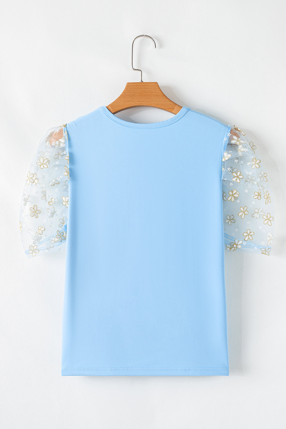 Beau Blue Floral Mesh Puff Sleeve Crew Neck Top