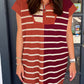 Brown Stripe Color Block Quarter Zip Collar Short Sleeve Sweater Dress