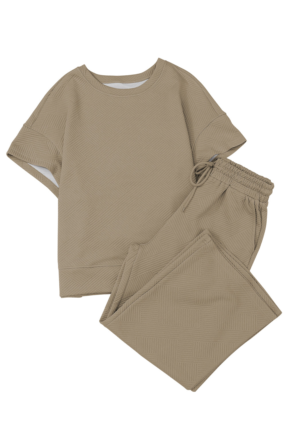 Pale Khaki Textured Loose Fit T Shirt and Drawstring Pants Set
