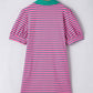 Rose Stripe Collared V Neck Puff Sleeve Shift T Shirt Dress with Pockets