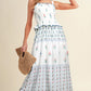 White Floral Print Smocked Ruffled Sleeveless Maxi Dress