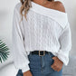 Skew Neck Long Sleeve Cable Knit Sweater