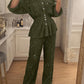 2 Pieces Glitter Stand Collar Three Quarters Sleeve Button Front Blouse and Casual Loose Fit Pants Set